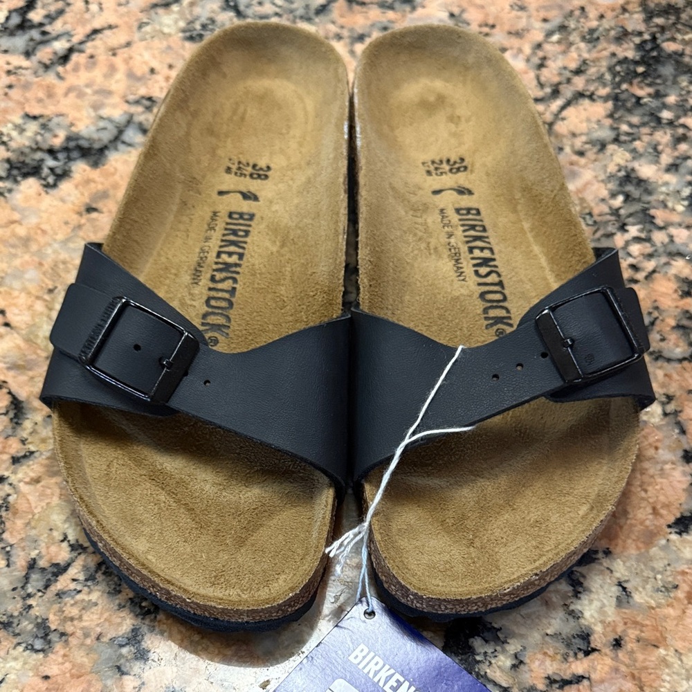 Birkenstock Madrid Birko-Flor Black on Black one strap buckle 38 NWT